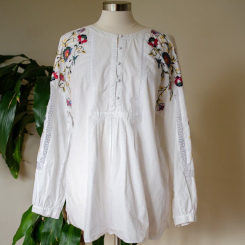 LOFT White Boho Embroidered Long Sleeve Blouse